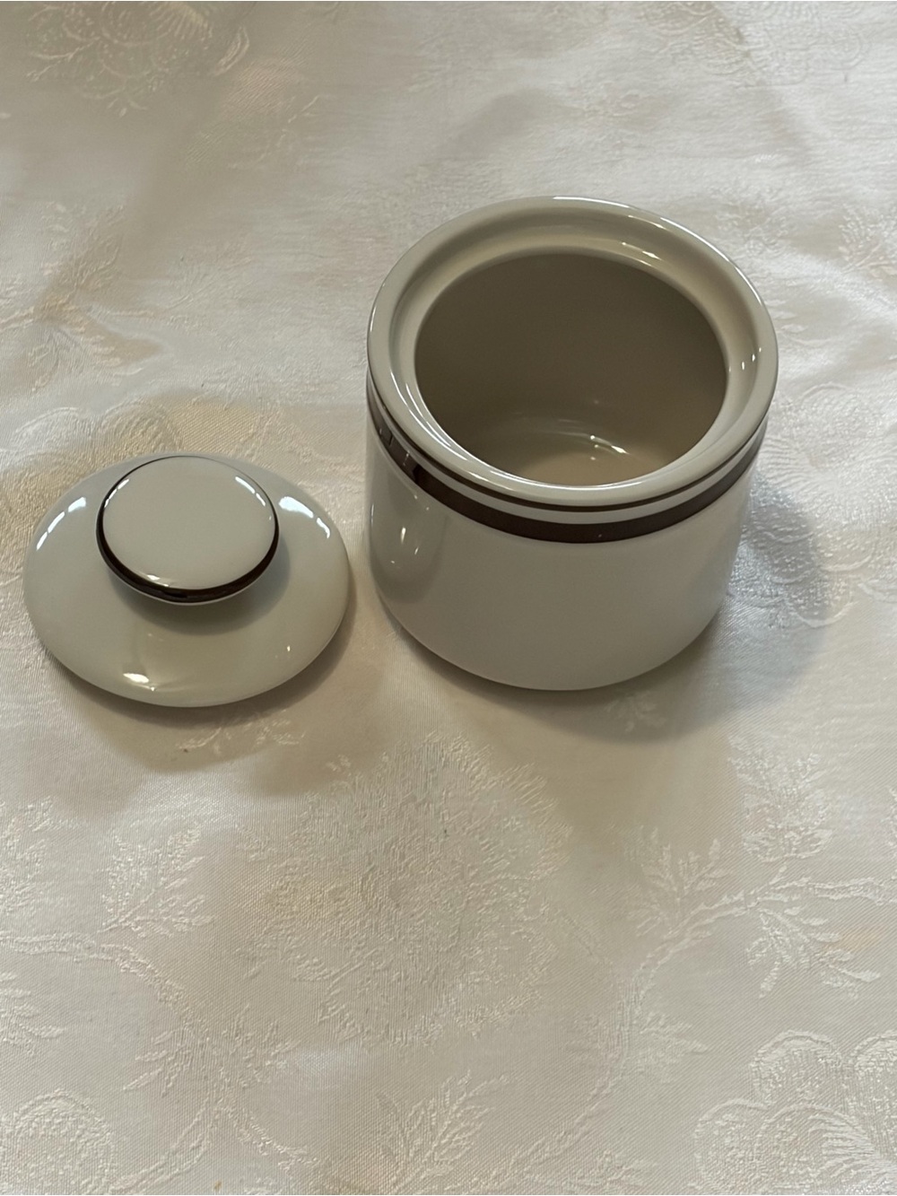 Vintage Orbit Stoneware 221 Sugar Bowl with Lid Brown Stripe Trim